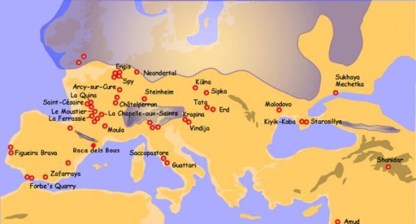 MAP OF SOME ARCHAEOLOGICAL SITES BEARING NEANDERTHALS REMAINS